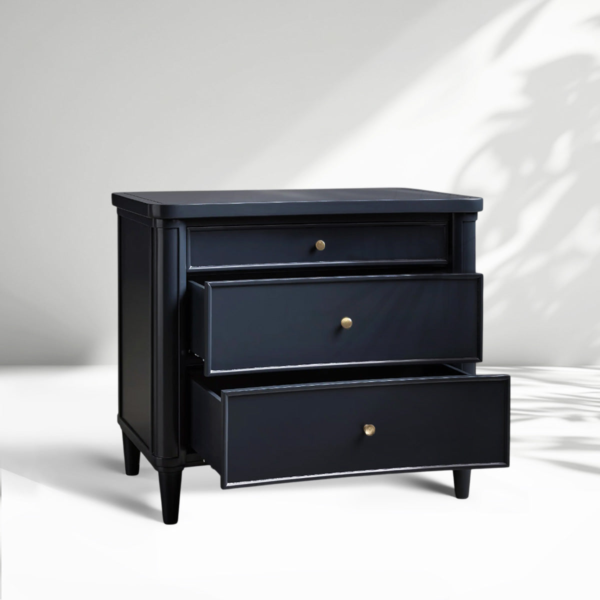 Table de chevet Henley avec tables de nuit en acajou massif, commode à 3 tiroirs et poignées en laiton