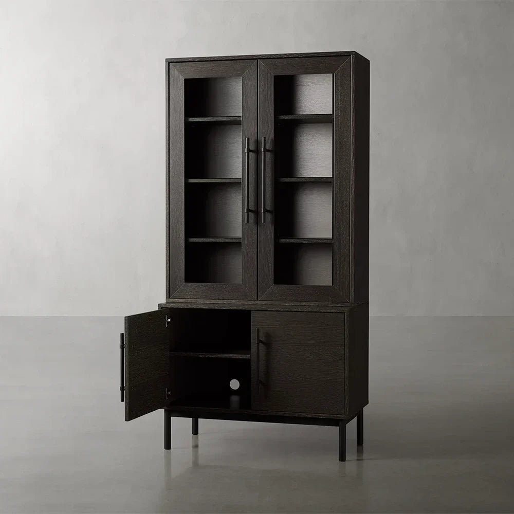 Hoher Vitrinenschrank aus Eichenholz von Sullivan, schwarzes rustikales Sideboard/Bücherregal