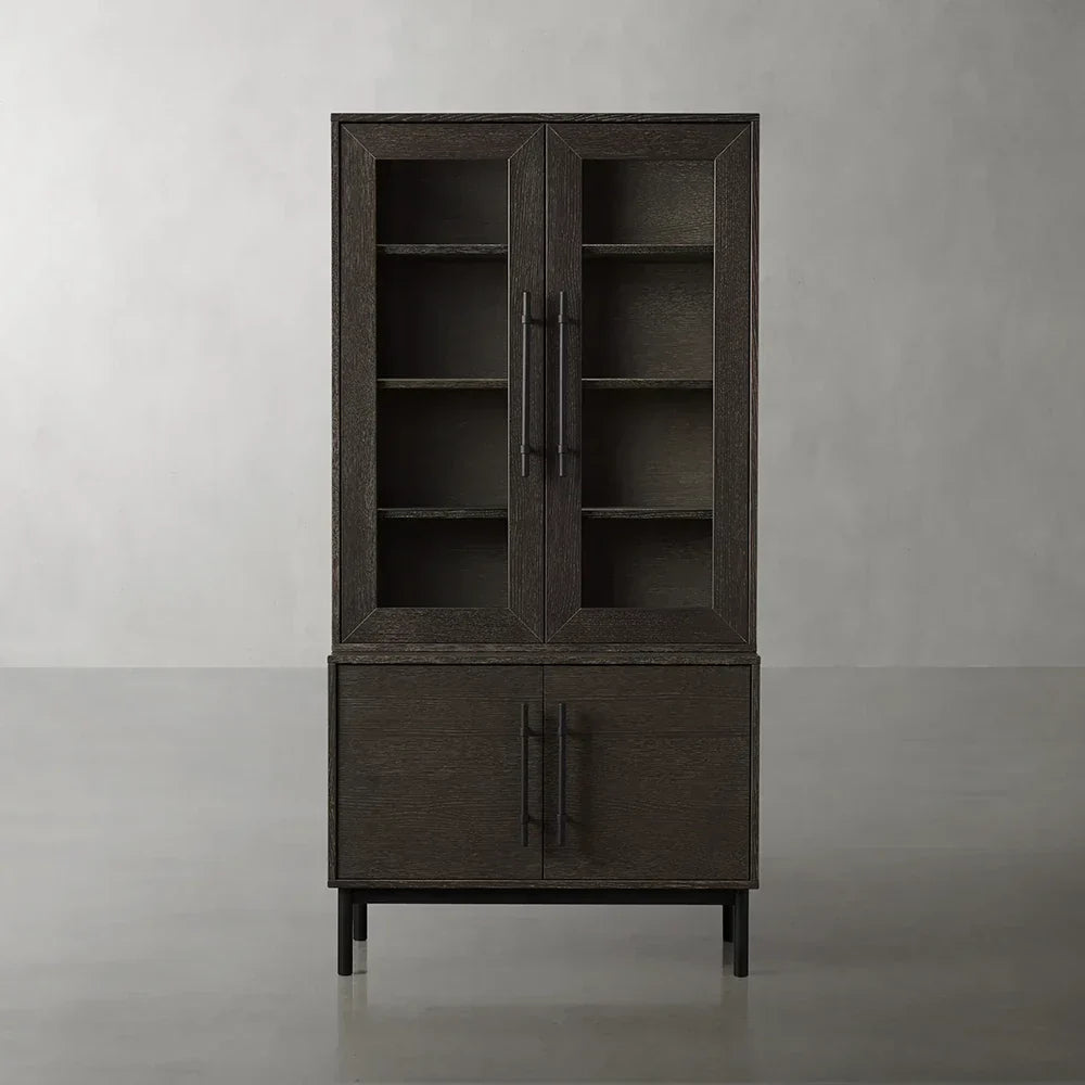 Hoher Vitrinenschrank aus Eichenholz von Sullivan, schwarzes rustikales Sideboard/Bücherregal