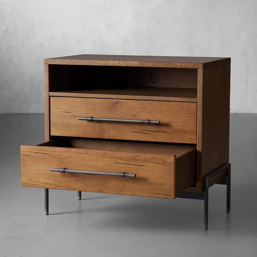 Sullivan Closed Solid Oak Wood Nightstand Nightside Table with TWO-Drawer Cabinet Rustic Style