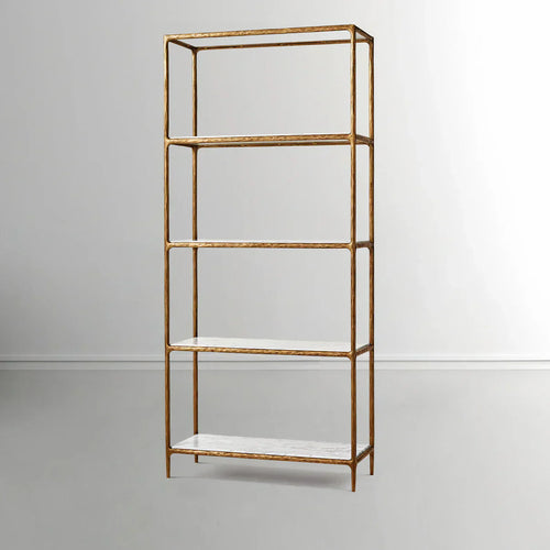 Thaddeus Hand-Forged White Marble Metal Shelving Unit for Living Room Display