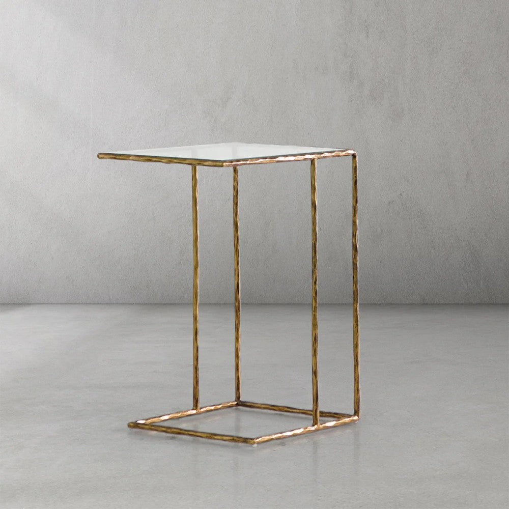 Thaddeus Tempered Glass Side Table Hand-Forged C-Shaped End Table