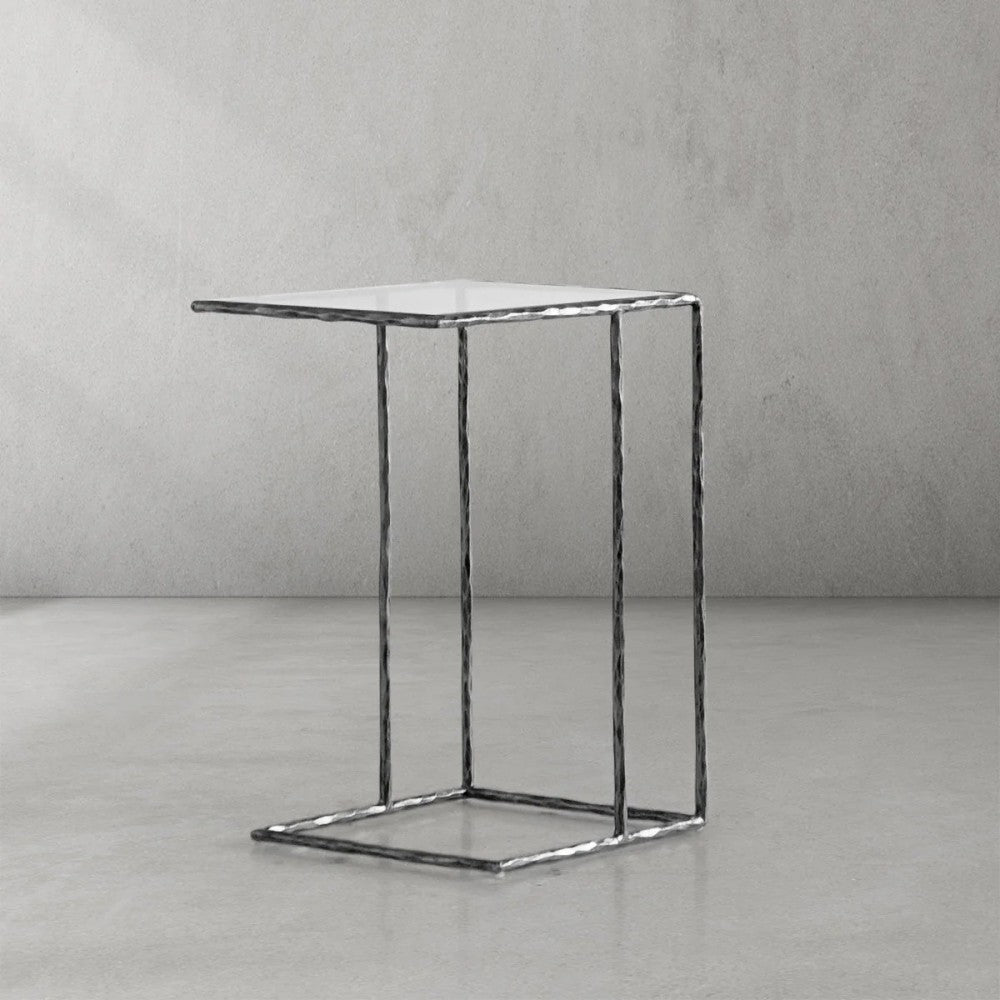 Thaddeus Tempered Glass Side Table Hand-Forged C-Shaped End Table