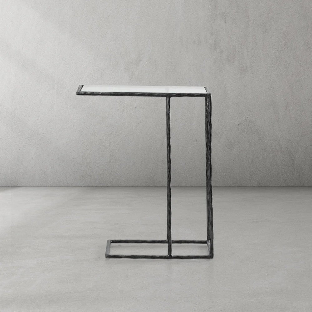 Thaddeus Tempered Glass Side Table Hand-Forged C-Shaped End Table