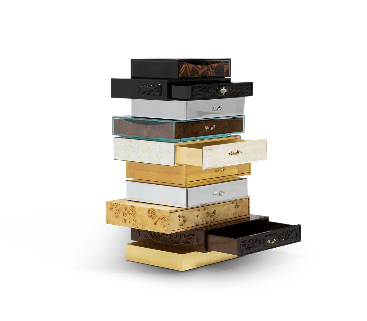Luxury Chest of Drawers with Mixed Wood Finishes, Brass Details & Designer Storage