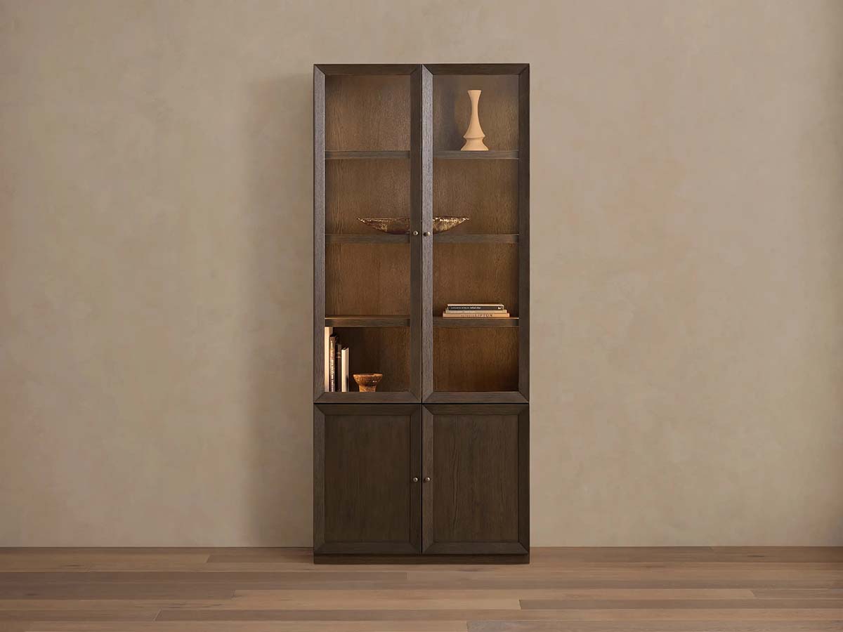 Nason Modular Glass Display Cabinets Oak Wood Tall Cabinets Large Bookcase with Integrated LED Lighting Modern Minimalist Style