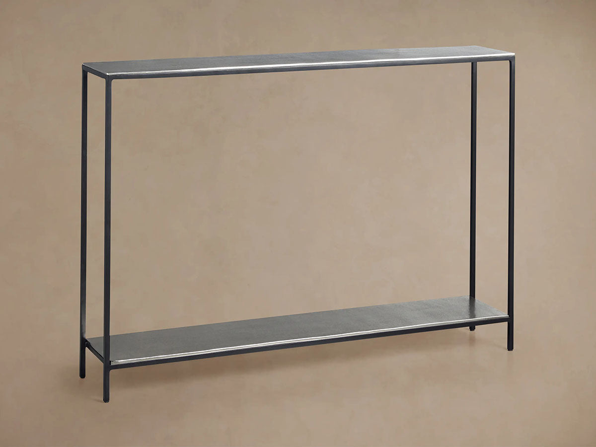 Kavali Slim Metal Entrance Console Table Solid Iron Frame Aluminum Surface Hallway Entryway Table