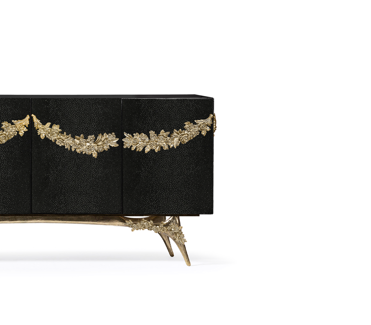 Luxury Walnut Burl Sideboard Buffet Cabinet with Hand-Carved Floral Doors & Storage