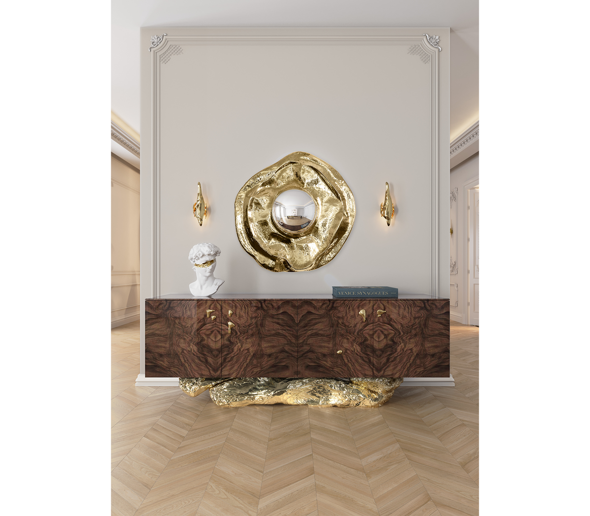 Luxury Gold Buffet Cabinet with Sculptural Metal Base & Hidden Storage
