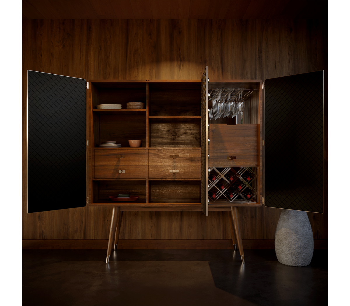 Luxury Walnut Bar Cabinet with Brass Accents & Hidden Storage