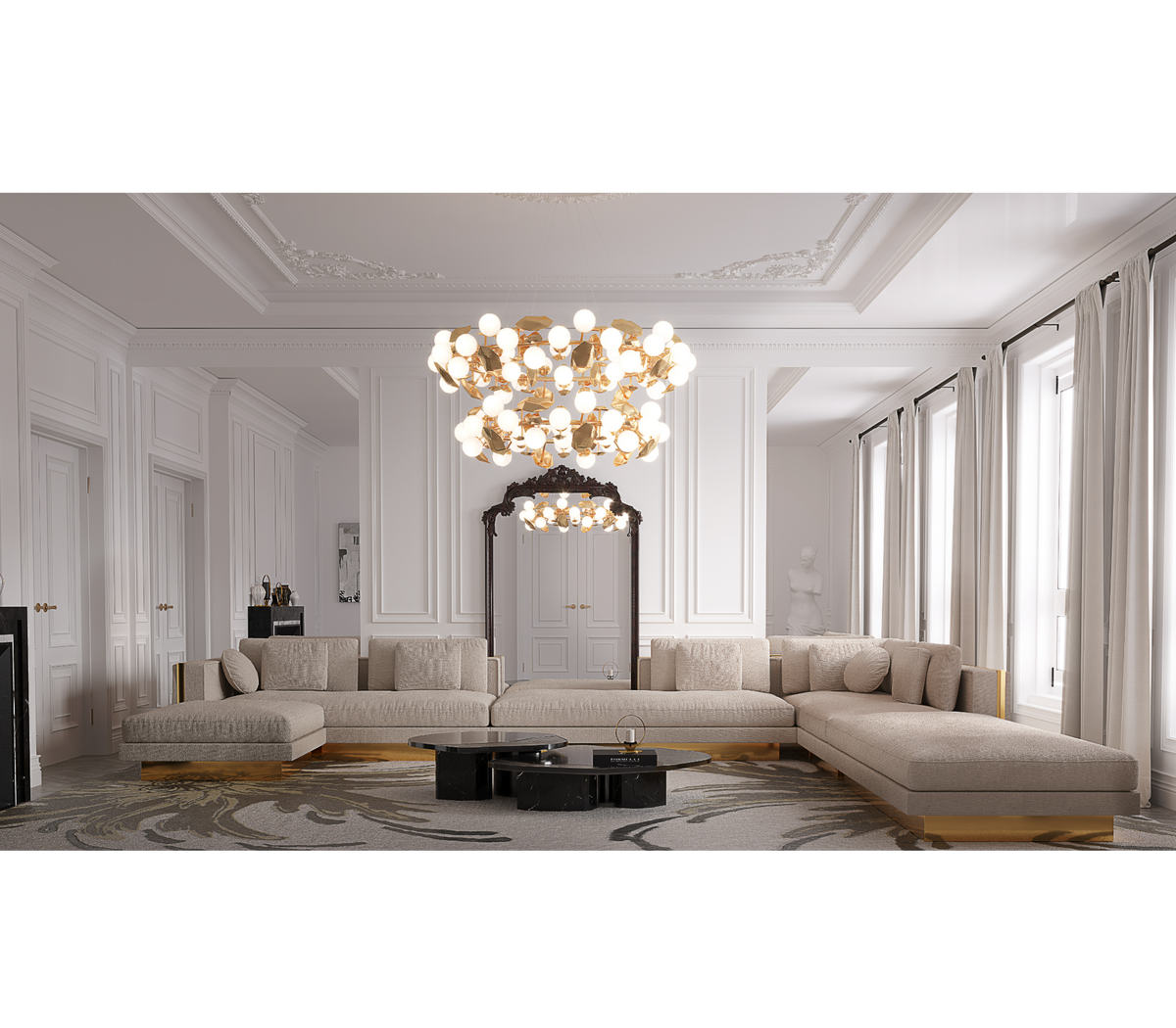 Luxury Calacatta Marble Coffee Table with Black Sculptural Base & Modern Design Center Tea Table