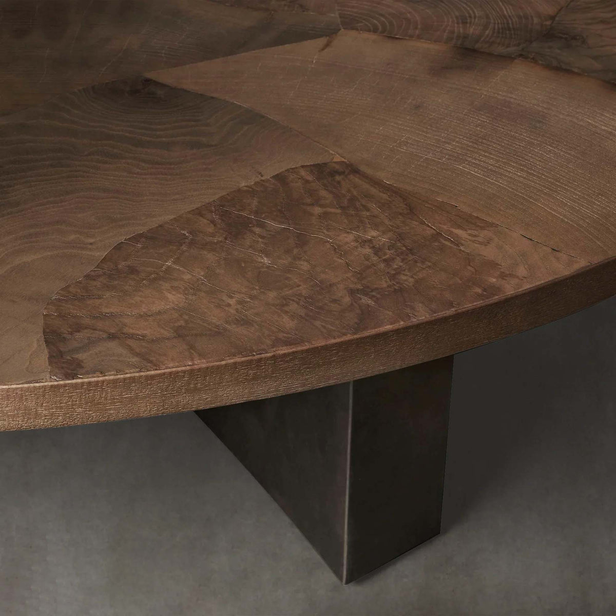 Pola Wood Round Coffee Table with Ash Wood Top Weathered Steel Base Wabi-Sabi Style Living Room Center Tea Table