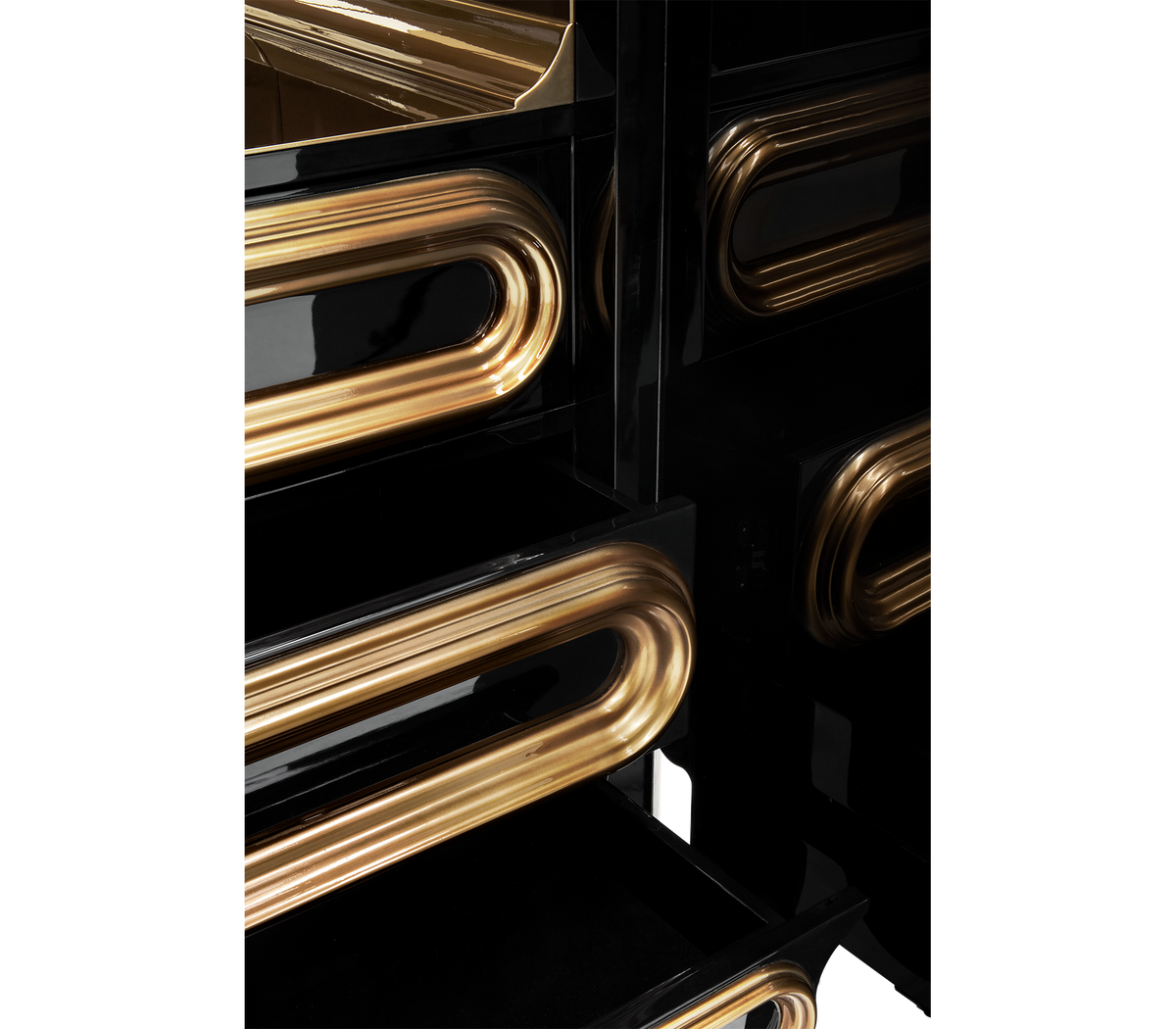 Luxury Bar Cabinet with Brass Tube Design, Glass Shelves & Hidden Storage