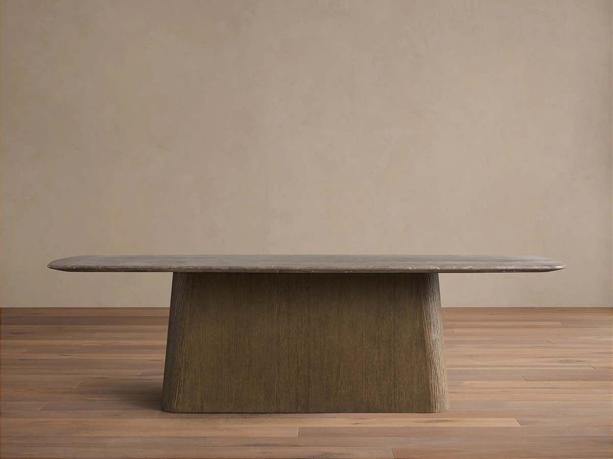 Table de salle à manger Saint Germain en pierre avec piètement Toulouse en bois et marbre de pierre naturelle