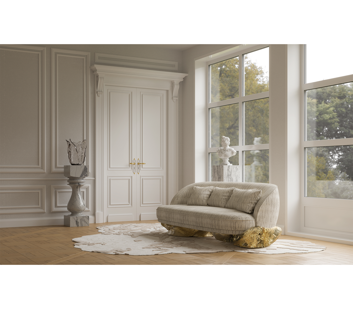 Luxury Sculptural Sofa with Polished Hammered Brass Base & Organic Curved Design