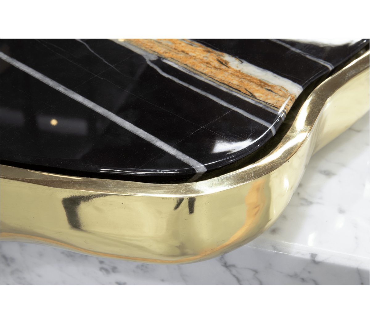 Luxury Sculptural Coffee Table Black & White High-Gloss Marble Finish