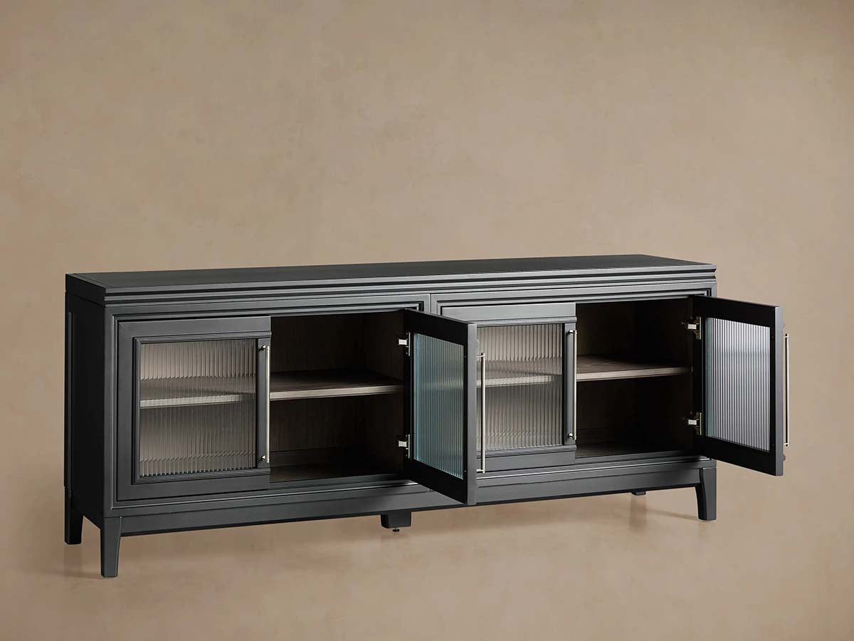 Rowan TV-Schrank aus Holz mit geriffelten Glastüren, Eingangsschrank und Medienkonsole