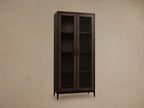 Malone Vitrine aus strukturiertem Leder, hoher Holzschrank mit Glastüren