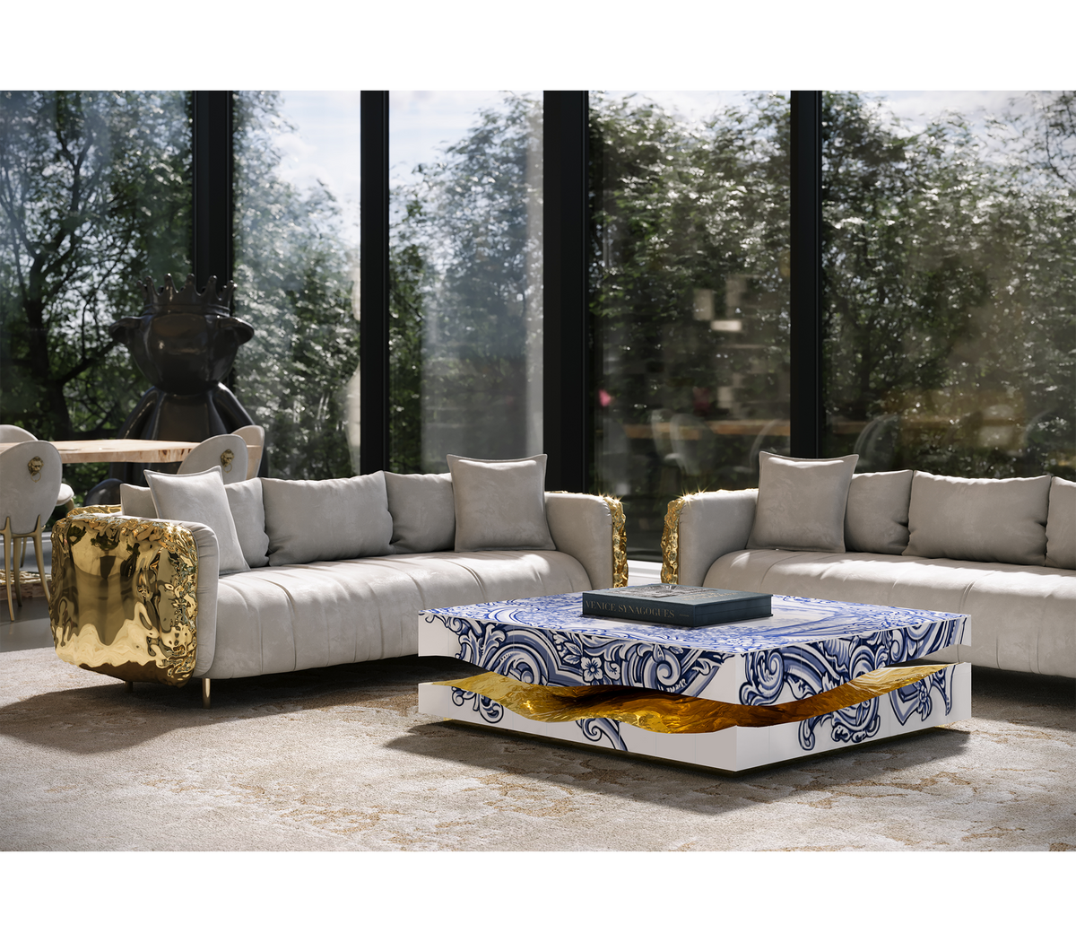 Luxury Carrara Marble Coffee Table with Sculptural Brass Frame & Organic Design