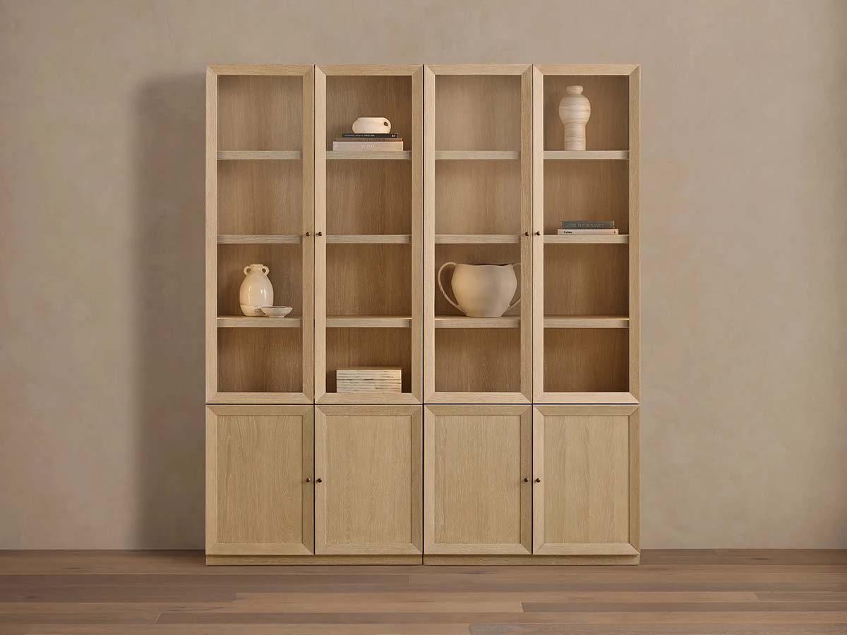 Nason Modular Glass Display Cabinets Oak Wood Tall Cabinets Large Bookcase with Integrated LED Lighting Modern Minimalist Style