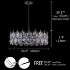 Luxuriöser 24x24x8,3 Zoll großer Kronleuchter aus schwarzem Metall und Kristall mit 39,4 Zoll langer Aufhängekette – Elegante dekorative Beleuchtungskörper