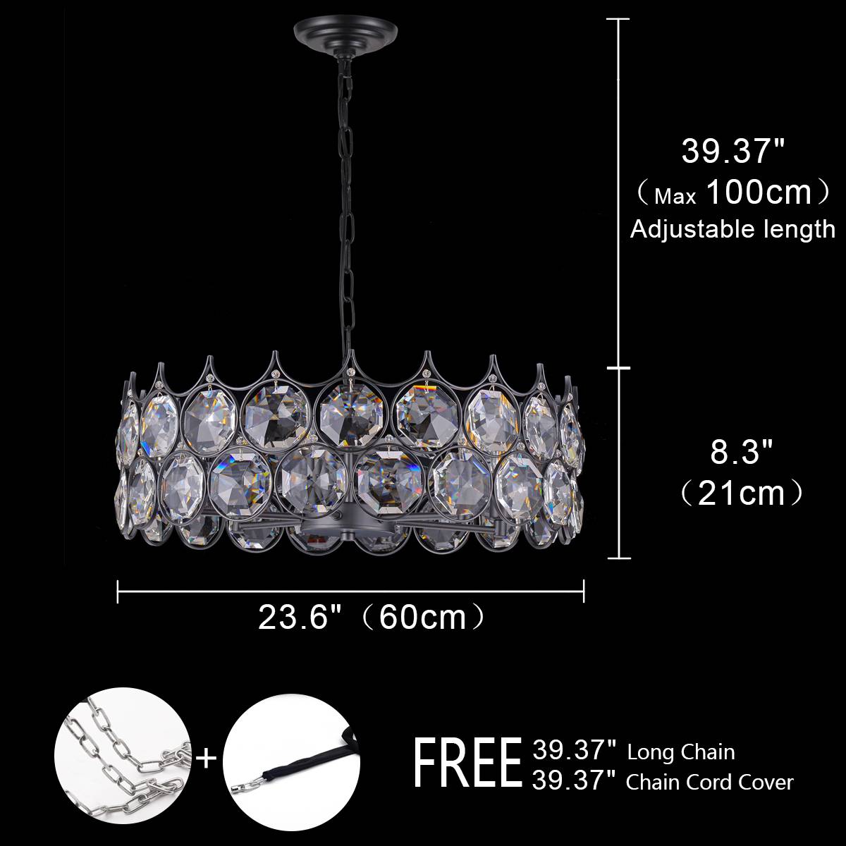 Luxury 24x24x8.3 inch Black Metal Crystal Chandelier with 39.4 inch Hanging Chain – Elegant Decorative Lighting Fixture