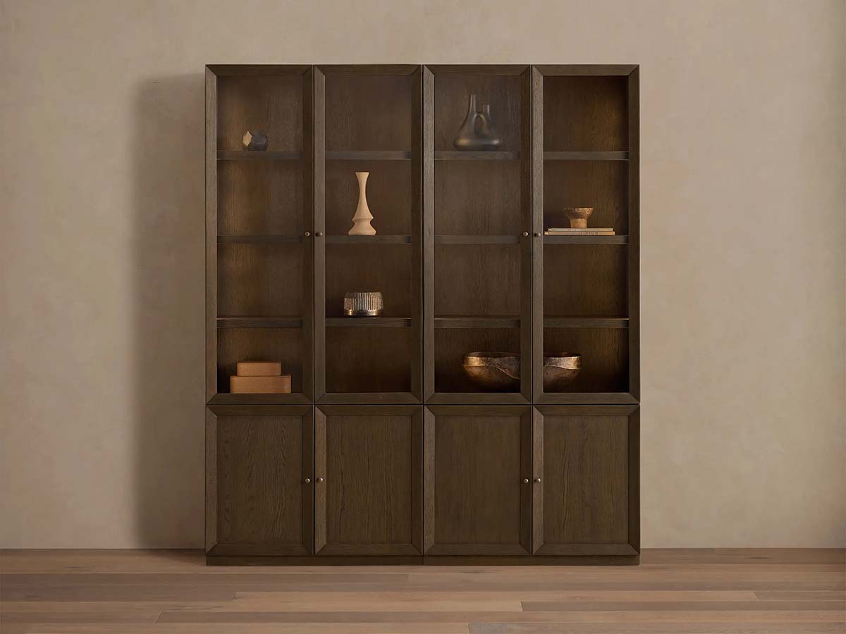 Nason Modular Glass Display Cabinets Oak Wood Tall Cabinets Large Bookcase with Integrated LED Lighting Modern Minimalist Style