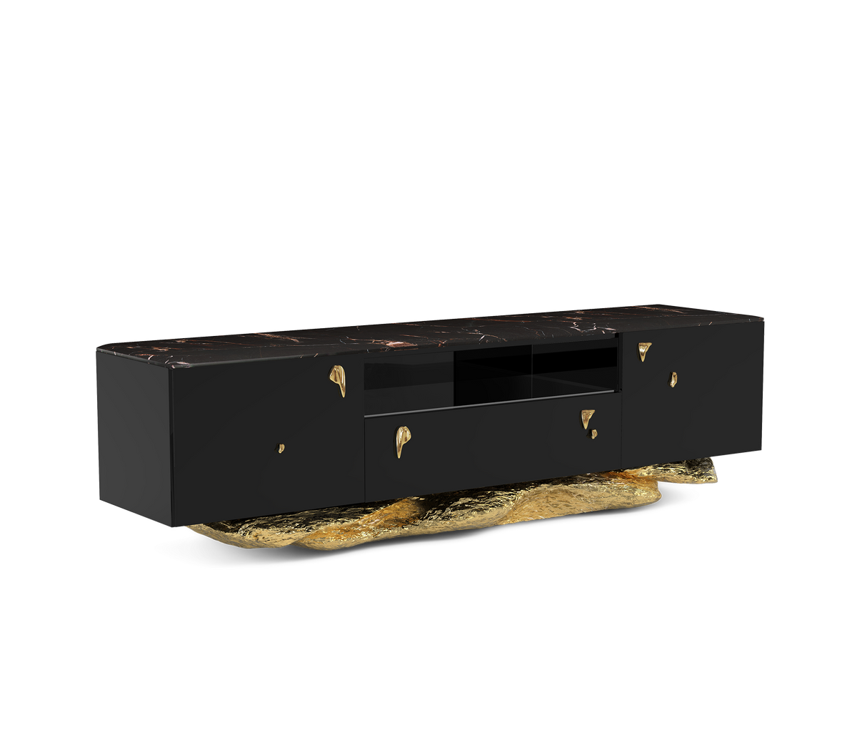 Luxury Black Gold Media Console with Marble Top & Hidden Storage