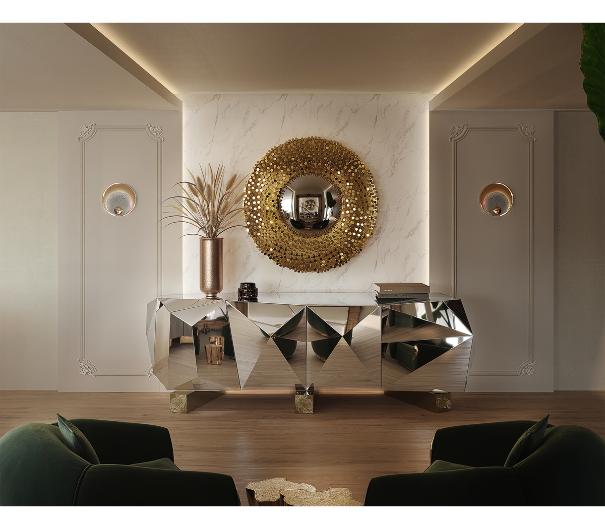 Luxury Diamond Sideboard Cabinet with Faceted Design & Hidden Storage