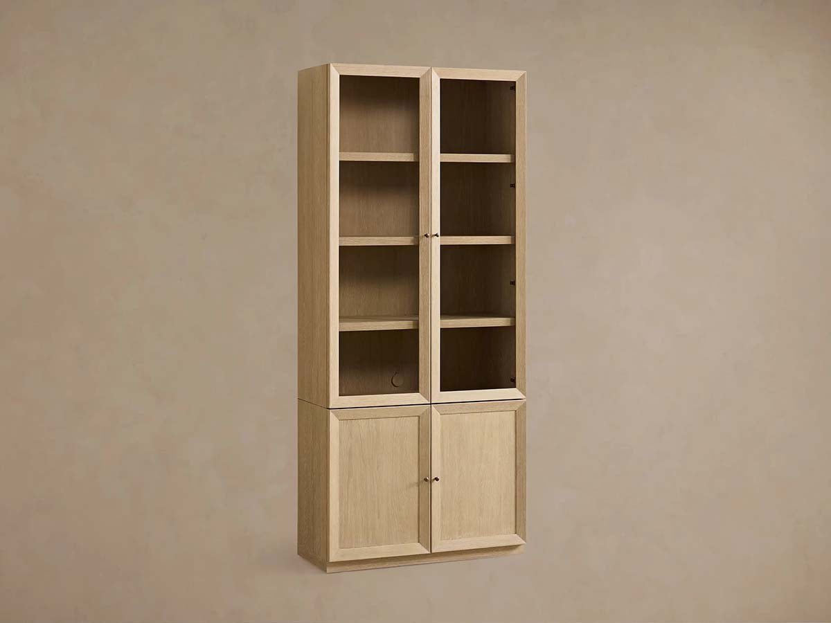 Nason Modular Glass Display Cabinets Oak Wood Tall Cabinets Large Bookcase with Integrated LED Lighting Modern Minimalist Style