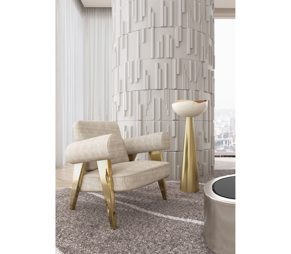 Luxury Sculptural Armchair with Polished Hammered Brass Legs & Curved Upholstery Design