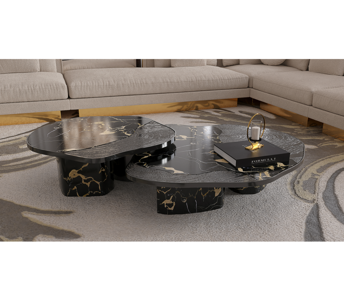Luxury Calacatta Marble Coffee Table with Black Sculptural Base & Modern Design Center Tea Table