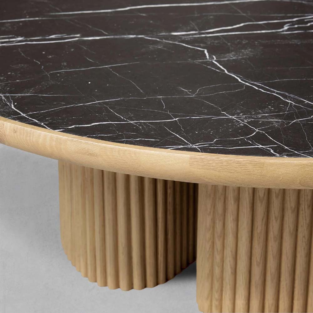 Astor Round Coffee Table Marble Top Oak Wood Base Sofa Center Tea Table