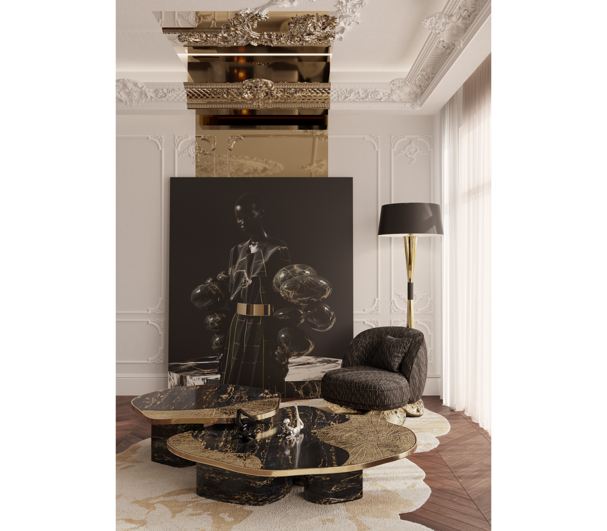 Luxury Calacatta Marble Coffee Table with Black Sculptural Base & Modern Design Center Tea Table