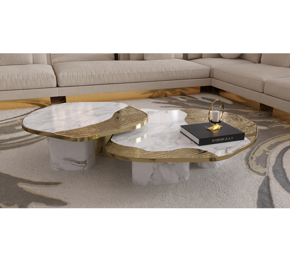 Luxury Calacatta Marble Coffee Table with Black Sculptural Base & Modern Design Center Tea Table