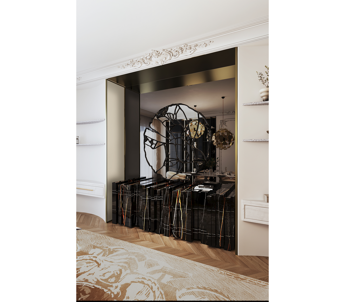 Luxury Sculptural Sideboard Cabinet with Black Gold Finish & Hidden Storage