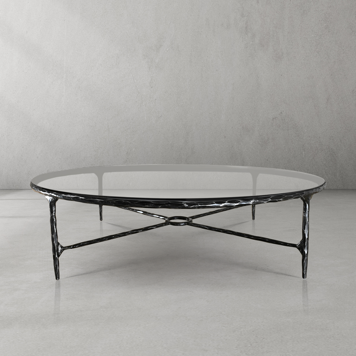 Thaddeus Metal Glass Round Coffee Table Hand-Forged Style O & X Living Sofa Center Tea Table