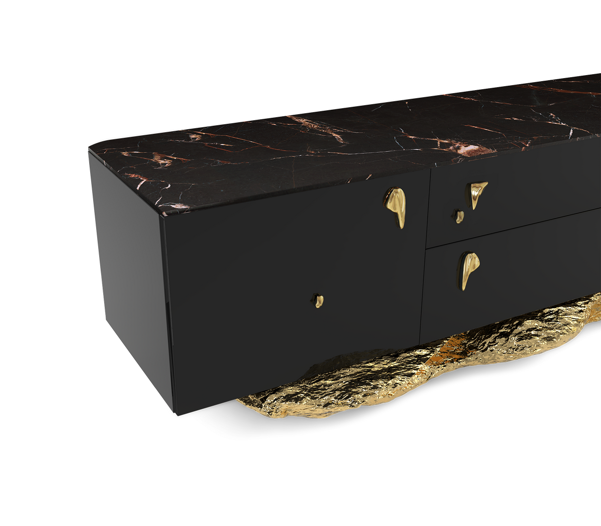 Luxury Black Gold Media Console with Marble Top & Hidden Storage
