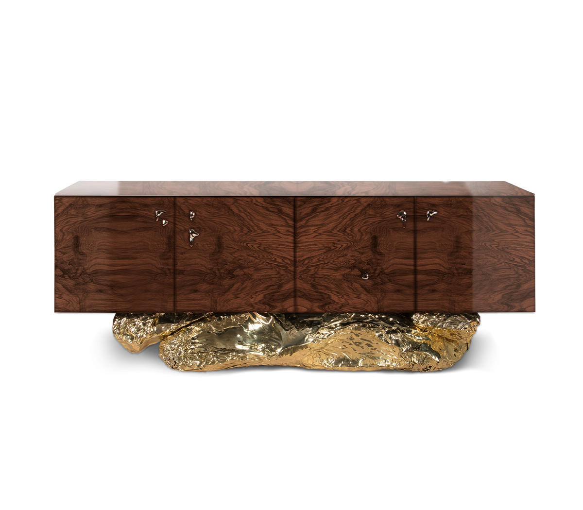 Luxury Gold Buffet Cabinet with Sculptural Metal Base & Hidden Storage