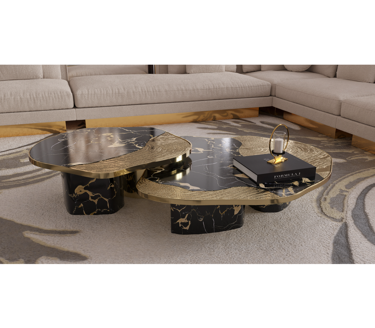 Luxury Calacatta Marble Coffee Table with Black Sculptural Base & Modern Design Center Tea Table