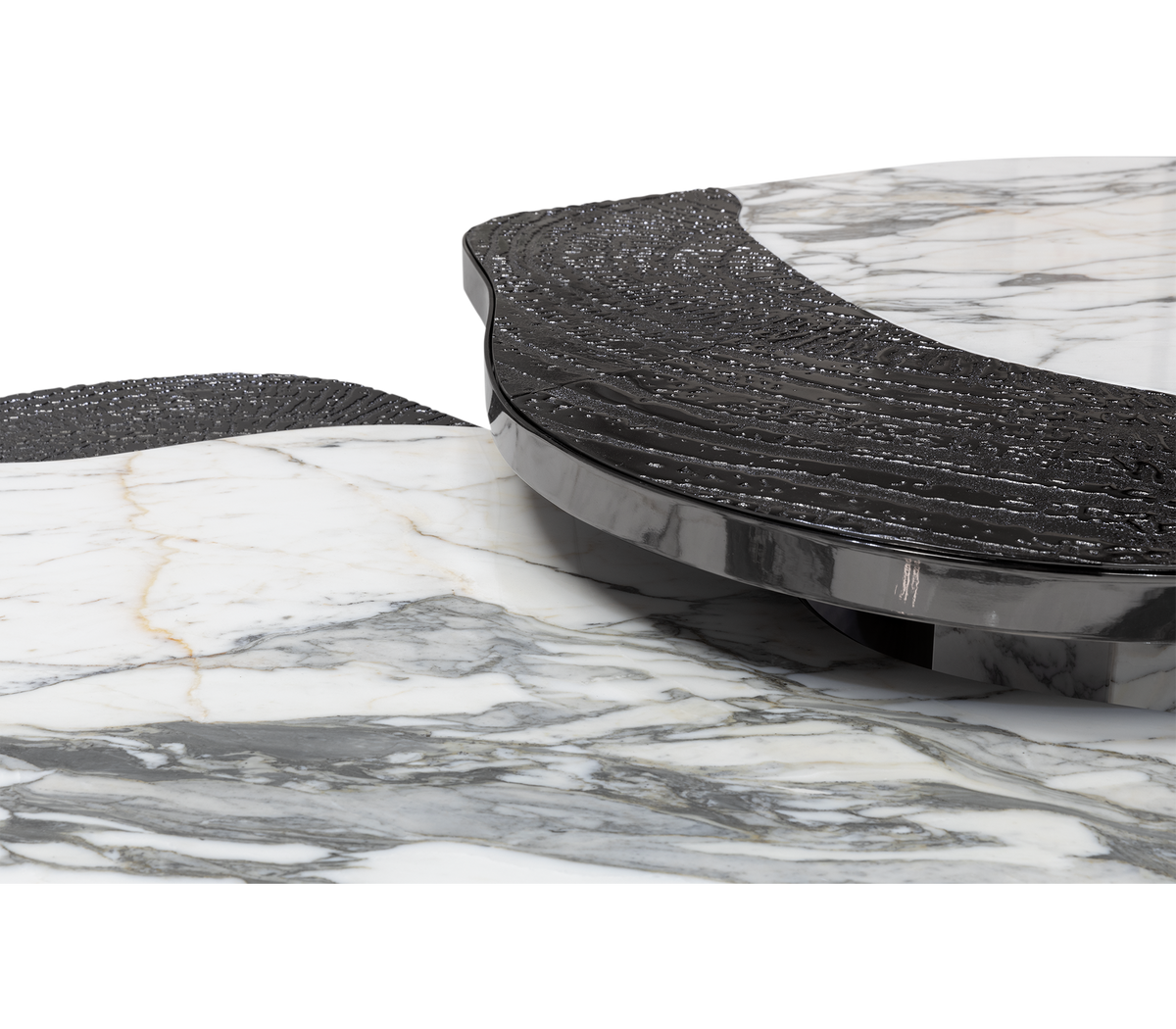 Luxury Calacatta Marble Coffee Table with Black Sculptural Base & Modern Design Center Tea Table