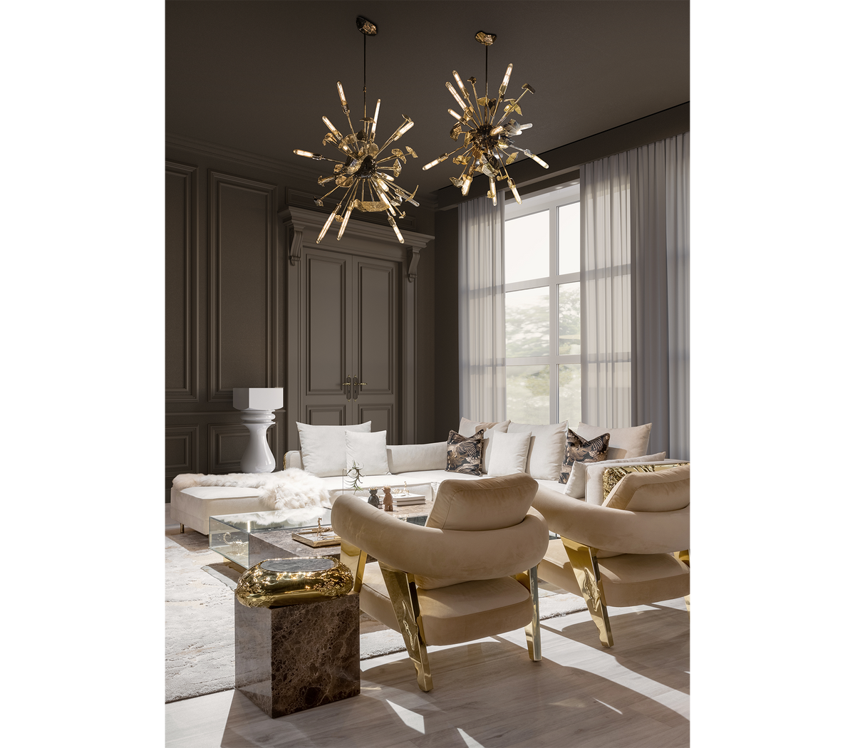 Luxury Sculptural Armchair with Polished Hammered Brass Legs & Curved Upholstery Design
