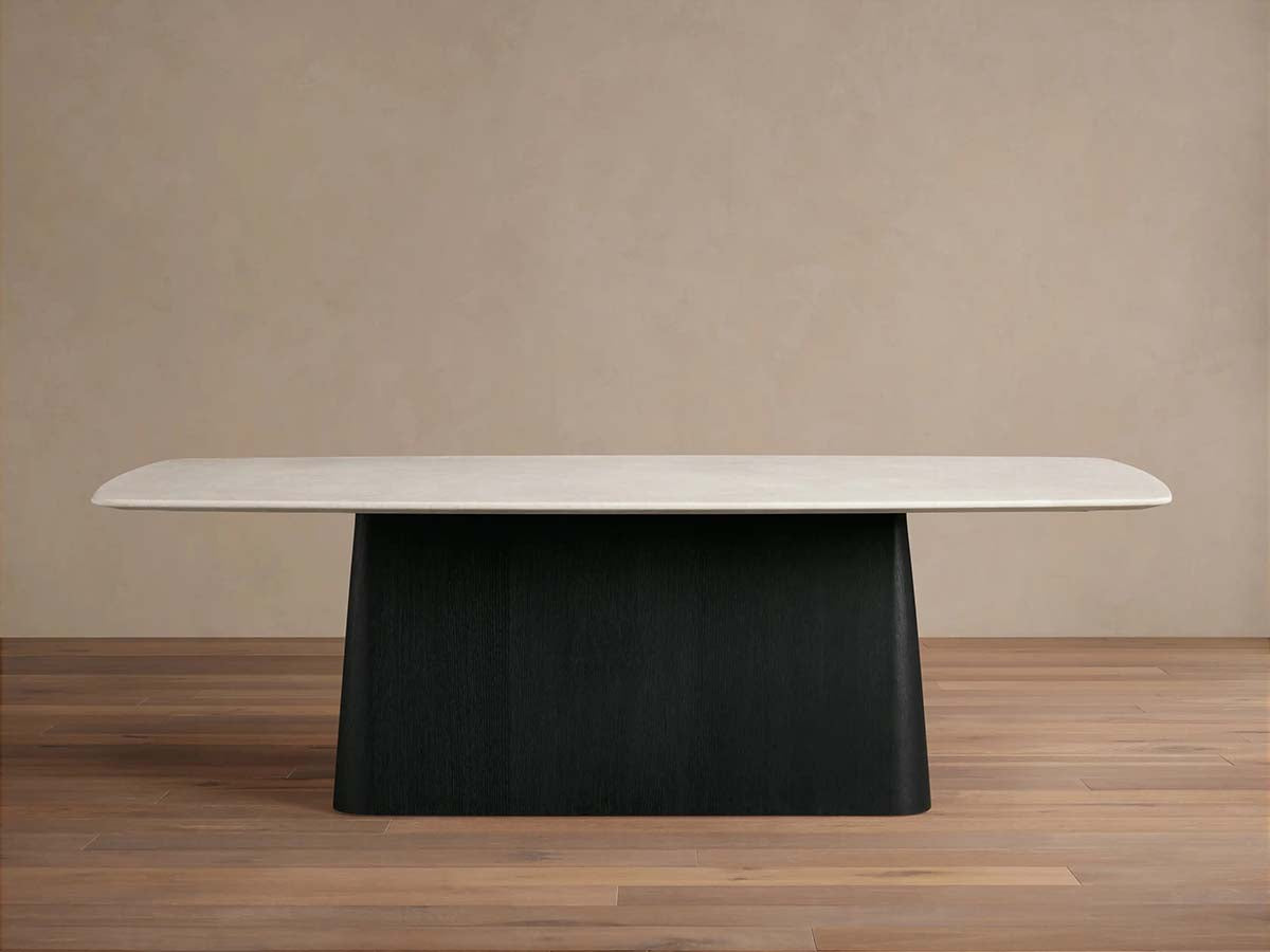 Table de salle à manger Saint Germain en pierre avec piètement Toulouse en bois et marbre de pierre naturelle