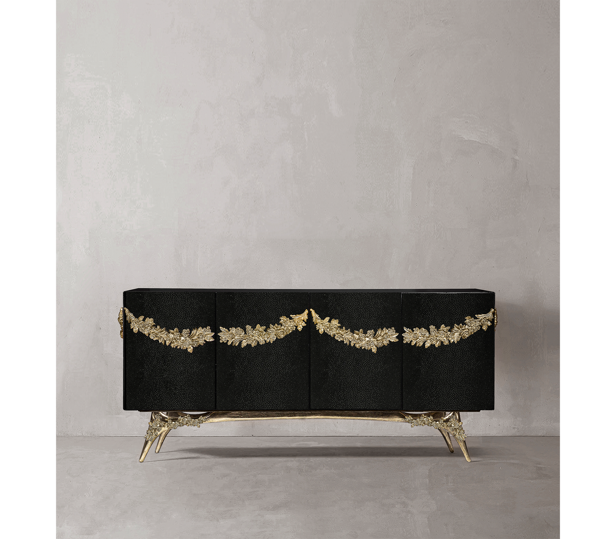 Luxury Walnut Burl Sideboard Buffet Cabinet with Hand-Carved Floral Doors & Storage