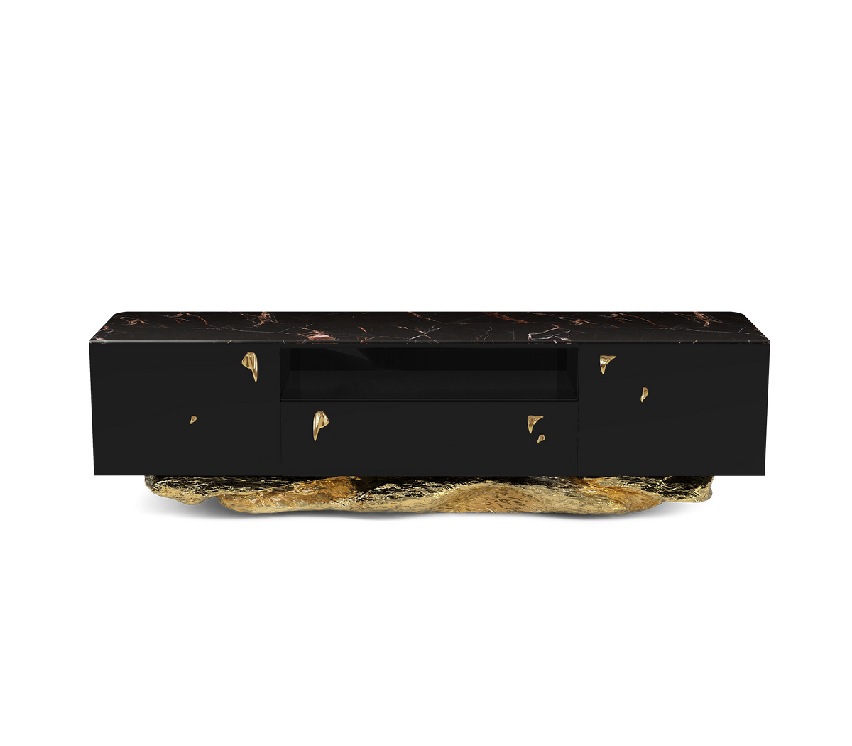 Luxury Black Gold Media Console with Marble Top & Hidden Storage