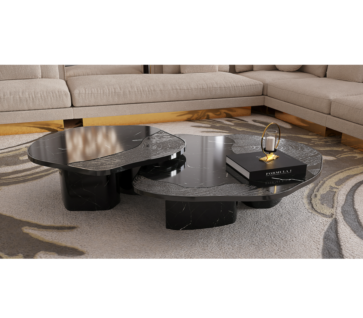 Luxury Calacatta Marble Coffee Table with Black Sculptural Base & Modern Design Center Tea Table