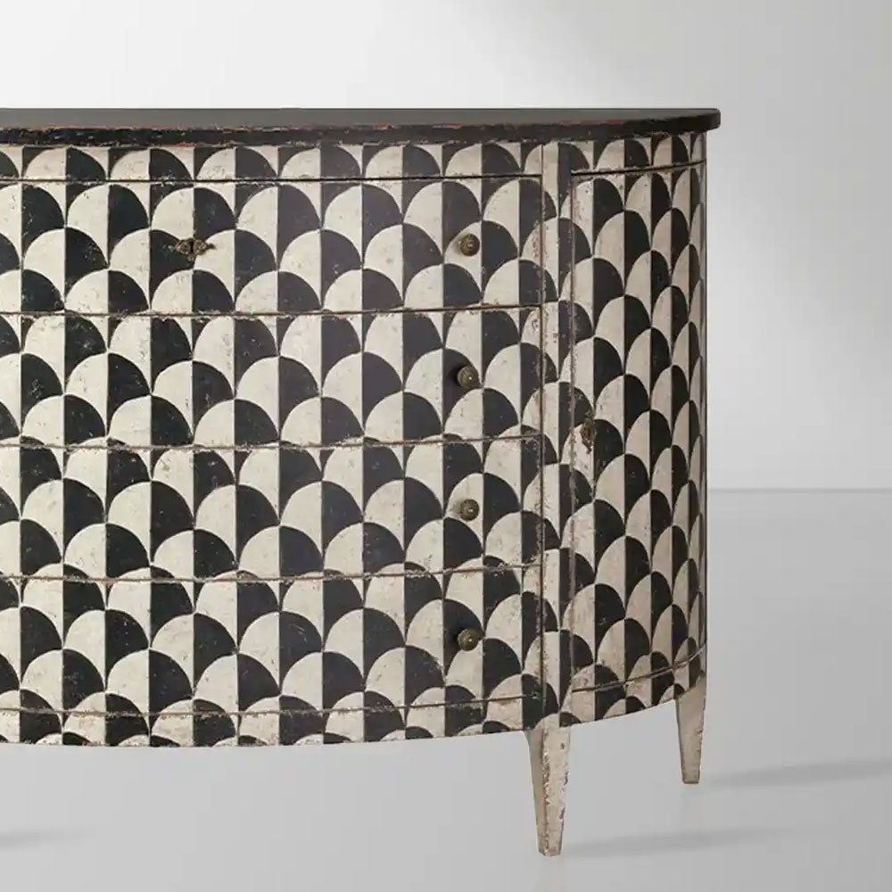 Buffet/meuble de rangement moderne en bois de peuplier Andretta, orné de motifs géométriques noirs et blancs