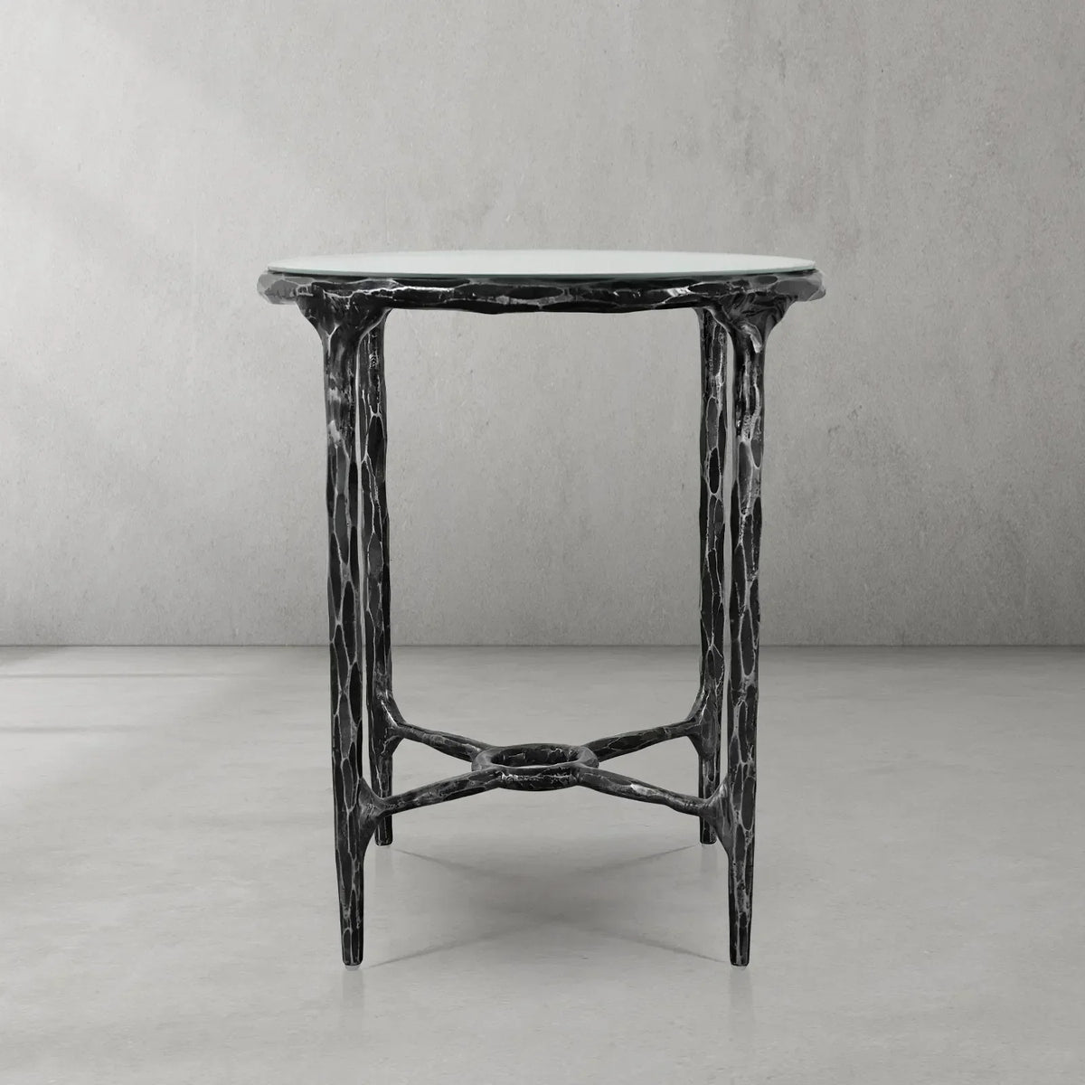 Thaddeus Metal Glass Round Side Table Hand-Forged End Table