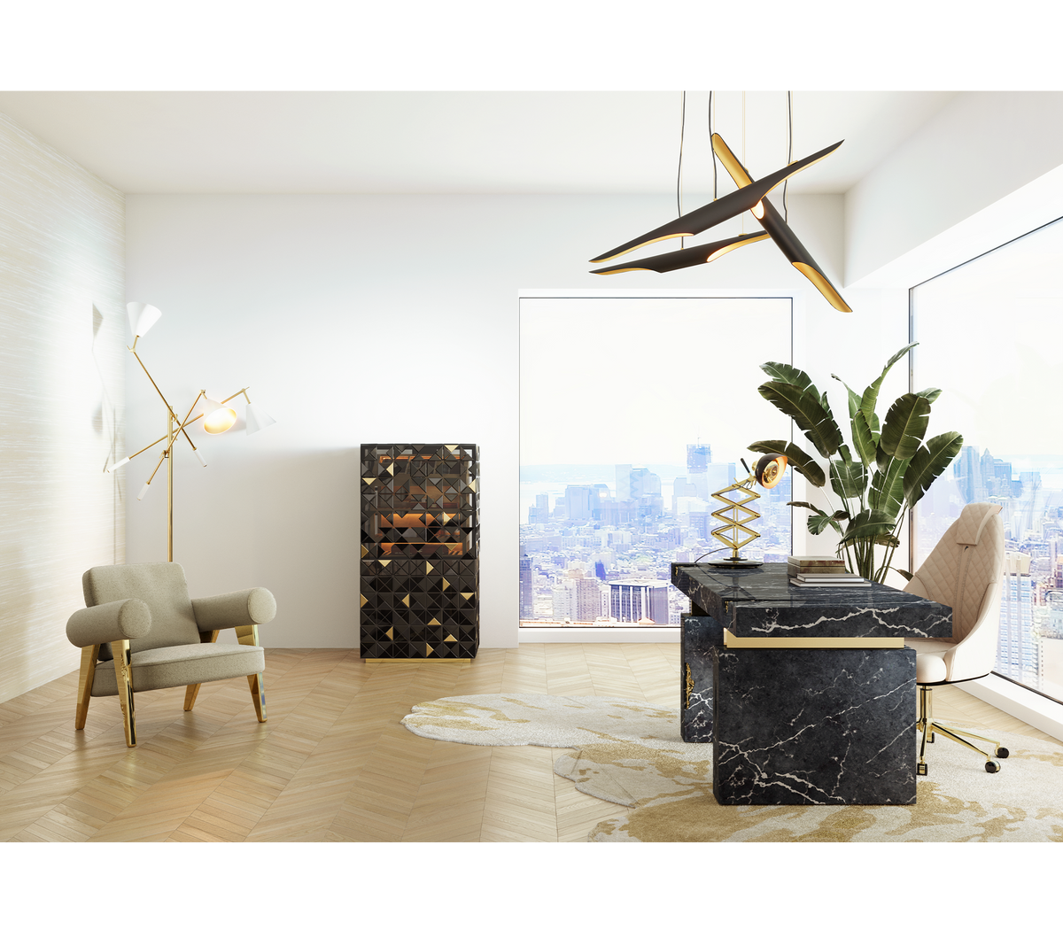 Empire Cracked Brass Inlay Marble Luxury Desk
