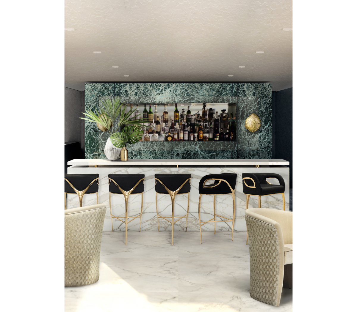 Chandra Fluid Sculptural Polished Brass Bar Stool
